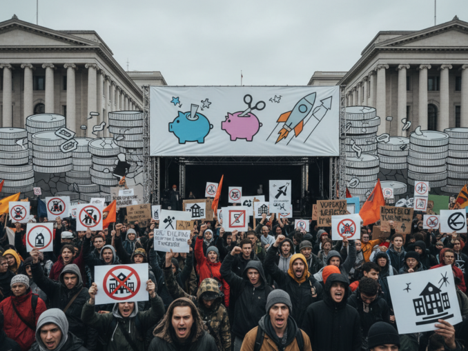 Kritik an Sparpolitik der Regierung: Kürzungen bei Sozialleistungen und Bildung zugunsten von Rüstungsausgaben.